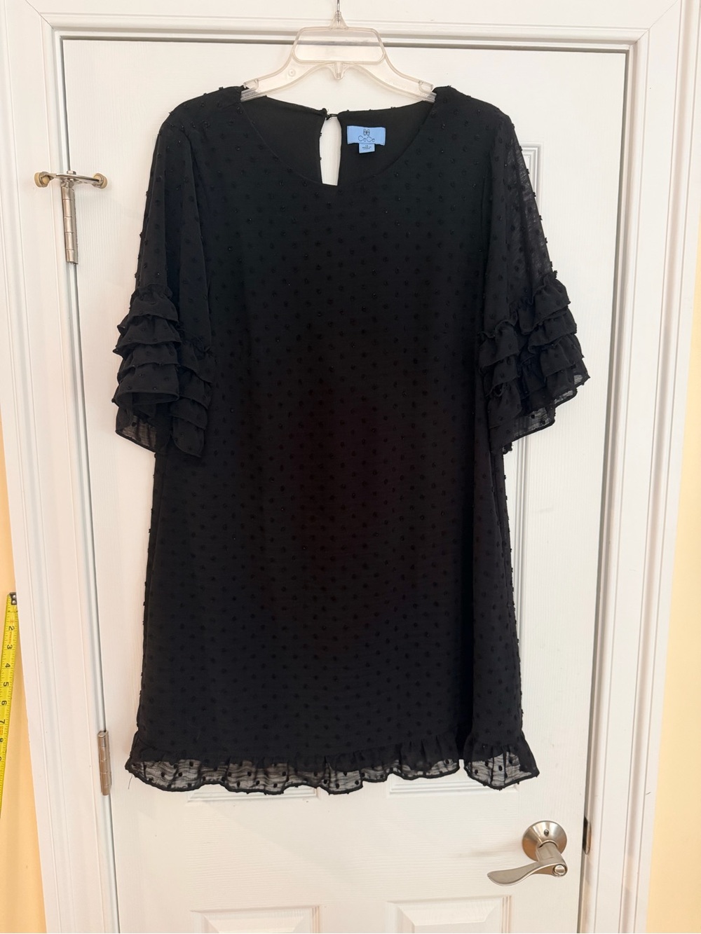 Ladies Size 14 "CeCe" Black Swiss Dot Ruffle-Sleeve Mini Dress GUC